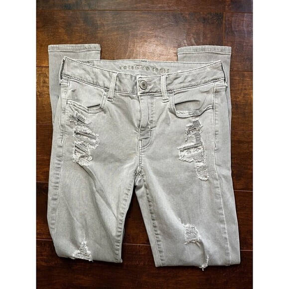 American Eagle Next Level Stretch Gray Distressed Jegging Skinny Jean Sz 6 - Picture 1 of 7